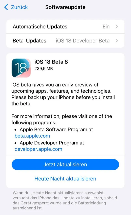 渝水苹果手机维修分享苹果 iOS / iPadOS 18 开发者预览版 Beta 8 发布 